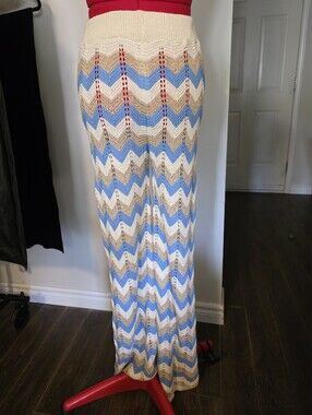 Chevron Crochet Knit Pants in Cream, Blue & Gold